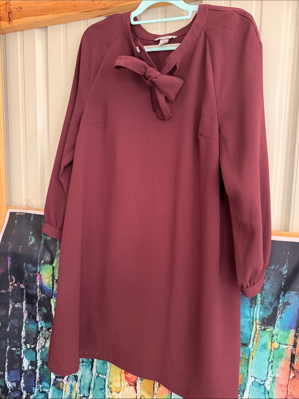 H&M Maroon Tie-Neck Long Sleeve Dress